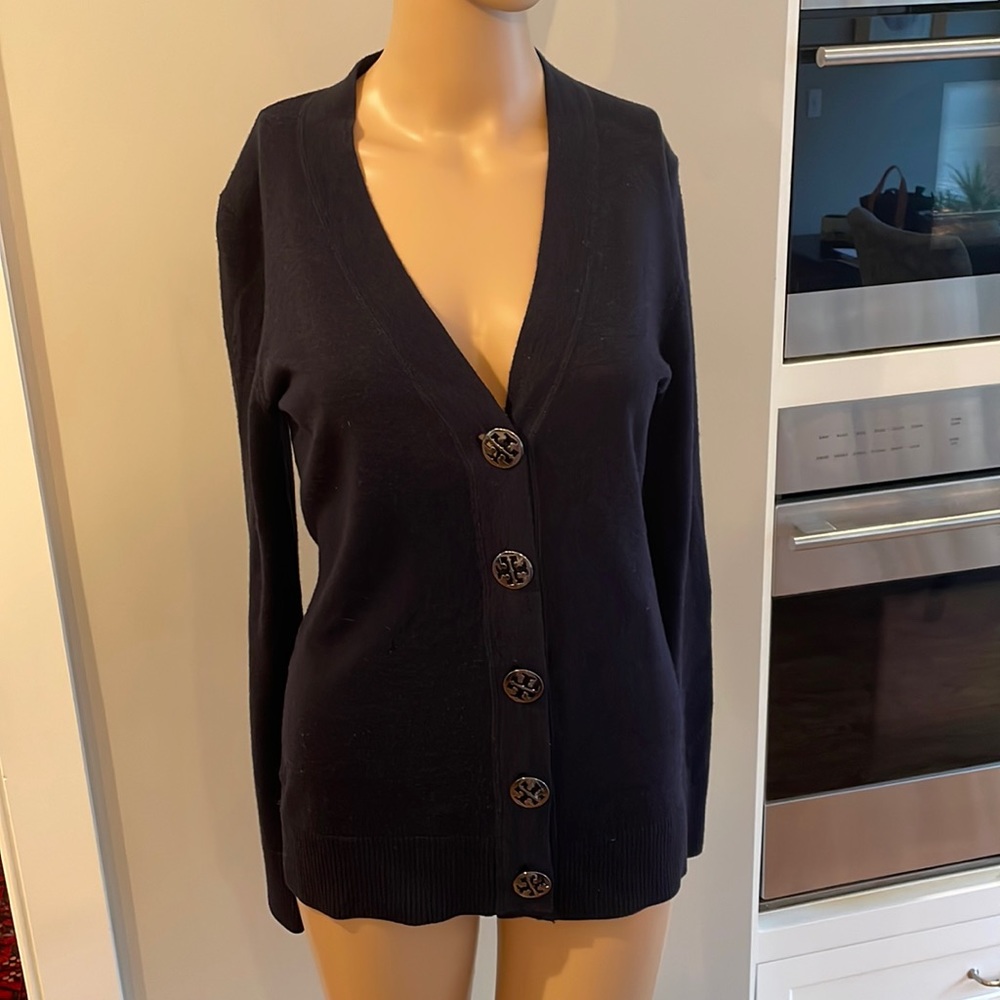 Tory Burch | Simone Merino Wool Logo Button Front Cardigan Sweater Blue Size S